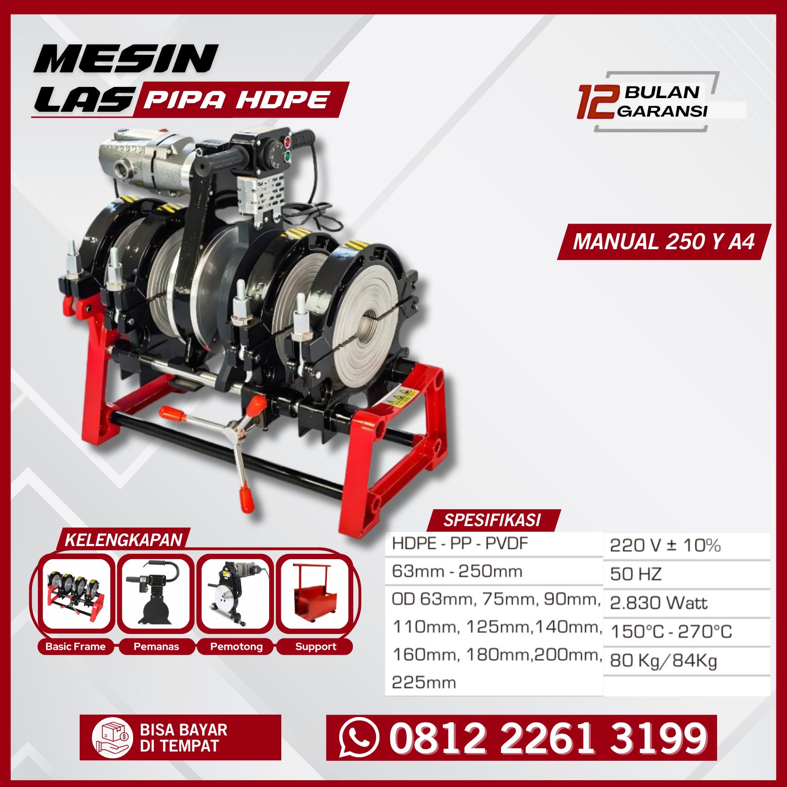 Mesin Penyambung Pipa Hdpe SHDS 160 MM 2 Clamps Manual