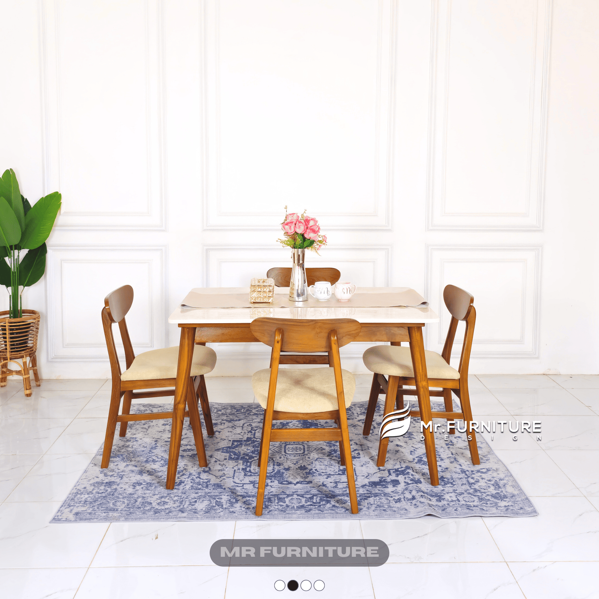Set meja makan top marmer krem 120x80x75 cm kursi 4pc