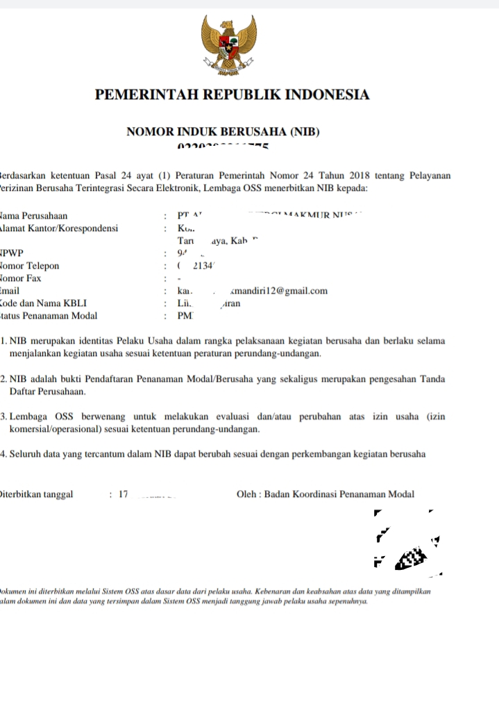 Sertifikasi Perizinan Berusaha (NIB)